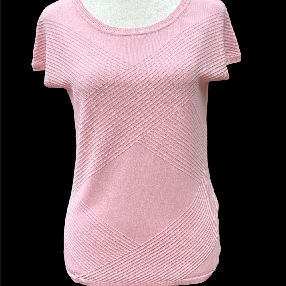 BCBGMaxAzria Pink Top Ribbed CrissCross Knit Cap Sleeves